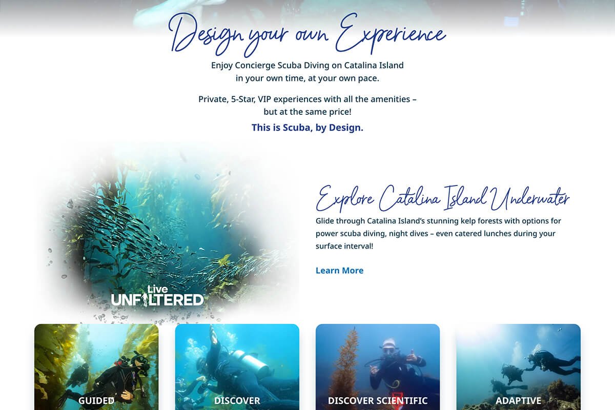 Scuba by Design WordPress homepage